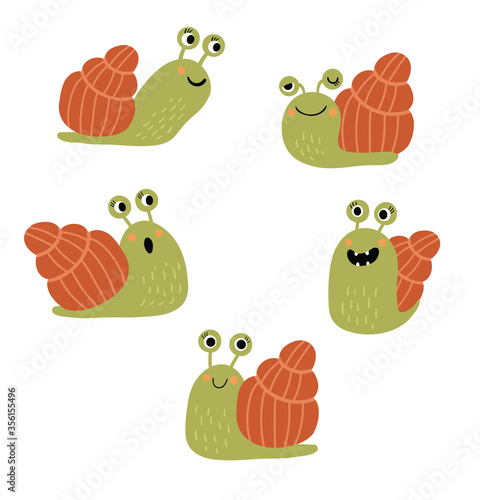 Funny and cute snail in different poses in vector