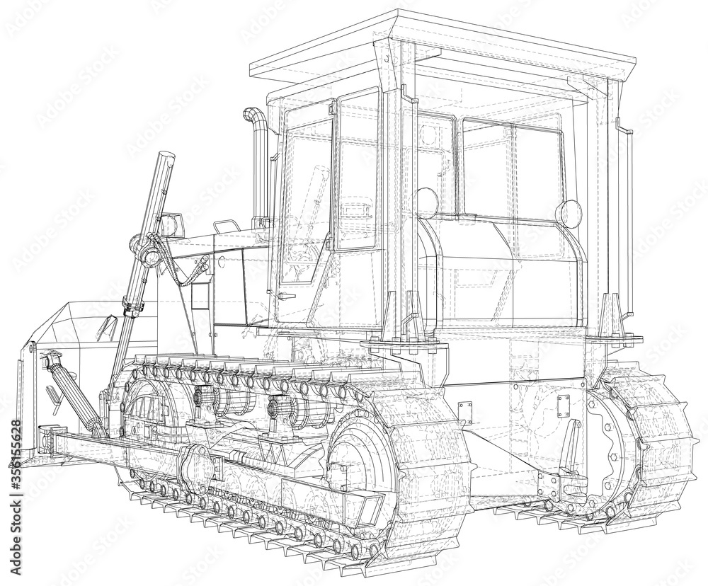 Vector Wire-frame Bulldozer. The layers of visible and invisible lines are separated. EPS10 format. Vector created of 3d.