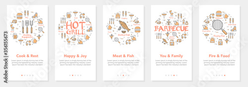 Vertical vector bbq and picnic summer five banners - cook and rest, happy and joy