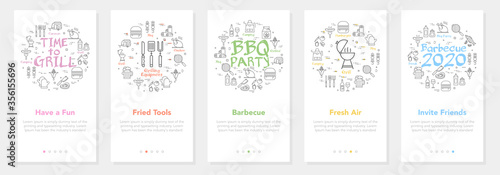 Vertical vector bbq and picnic summer five banners - fresh air, invite friends and fried tools