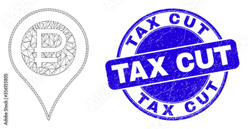Web mesh rouble map marker pictogram and Tax Cut seal stamp. Blue vector round scratched seal stamp with Tax Cut text. Abstract carcass mesh polygonal model created from rouble map marker pictogram.
