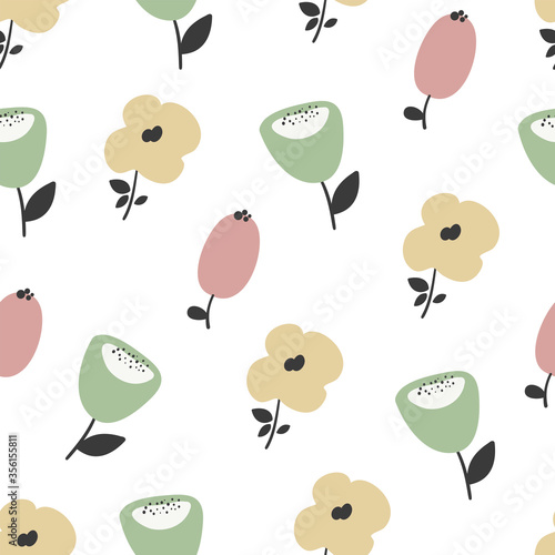 Scandinavian style seamless pattern with stylized leaf and flowers. Concept vector illustration. Hand drown. photo