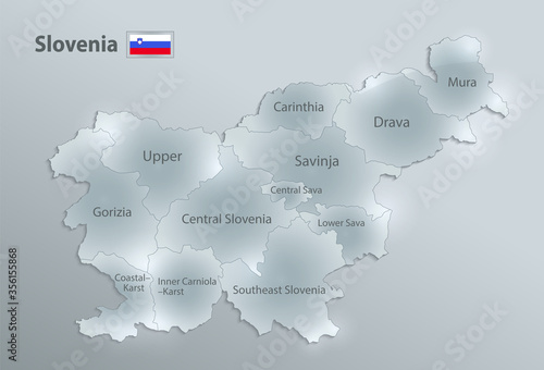 Slovenia map and flag, administrative division, separates regions and names individual region, design glass card 3D vector