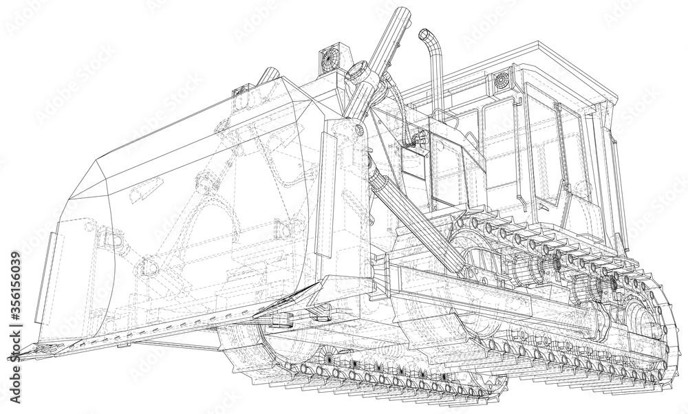 Building bulldozer Isolated. 3D rendering. Wire-frame. The layers of visible and invisible lines are separated. EPS10 format.