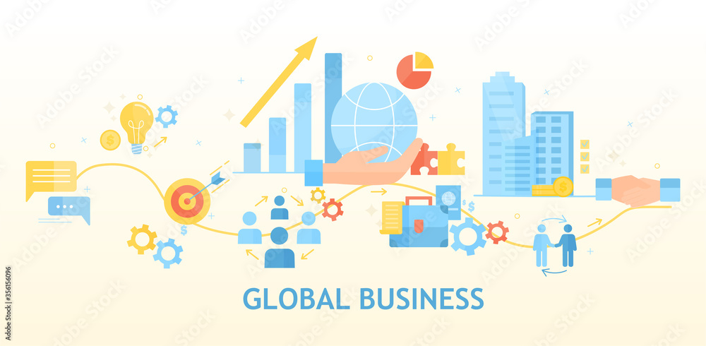 Global or Worldwide Business concept showing the process from conception through business teams and logistics to completion in a different city, colored vector illustration