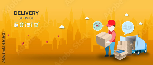 Courier man and truck vector illustration for Online delivery service on mobile with order tracking