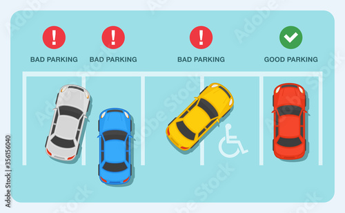 Good and bad parking examples infographic. Flat vector illustration.