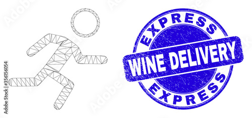 Web carcass running boy pictogram and Express Wine Delivery seal. Blue vector rounded grunge seal stamp with Express Wine Delivery title.