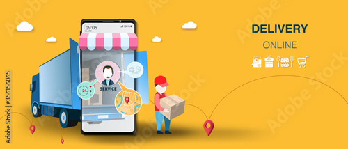 Courier man, truck and smartphone vector illustration for Online delivery service on mobile with order tracking