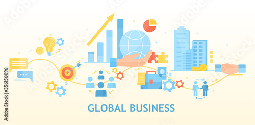 Global or Worldwide Business concept showing the process from conception through business teams and logistics to completion in a different city, colored vector illustration