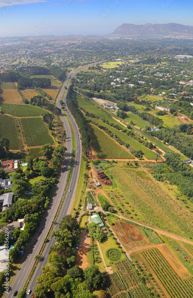 Cape Town, Western Cape / South Africa - 01/29/2014: Aerial photo of M3 Wynberg Hill and surrounding wine farms