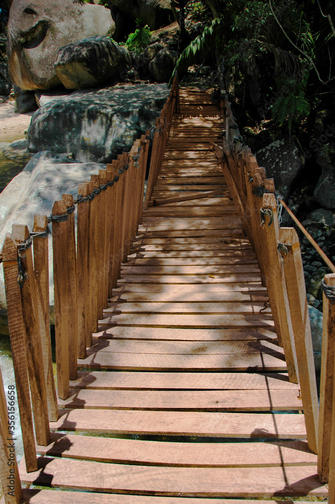 Wooden bridge in warm tones, in the middle of the tropical jungle of Puerto Vallarta Jalisco with gray rocks in the background and green palms, Mexican ecotourism landscape.