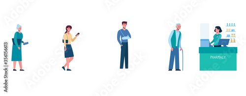 vector illustration of a queue in a pharmacy, safe social distance. Several people standing in line and keep social distance, so as not to spread virus, COVID-19. Men and women, flat, isolated