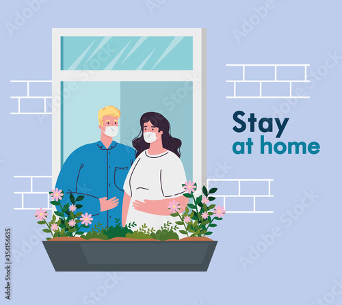 stay at home, quarantine or self isolation, house facade with windows, couple wearing medical mask look out of home vector illustration design