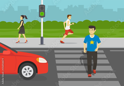 Young man crossing road on crosswalk with traffic lights. Look both ways before you cross the street. Flat vector illustration.
