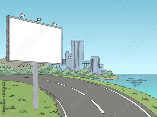 Road billboard graphic black white city landscape sketch illustration vector 