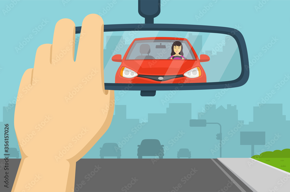 Hand adjusting rear view mirror in a car. Flat vector illustration. Hand adjusting rear view mirror in a car. Flat vector illustration.