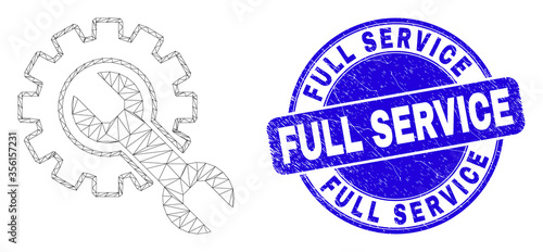 Web mesh setup tools pictogram and Full Service watermark. Blue vector rounded grunge seal with Full Service message. Abstract carcass mesh polygonal model created from setup tools pictogram.