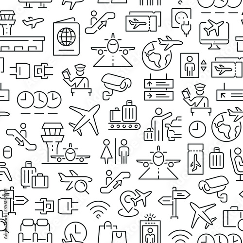 Seamless pattern with airport and planes. Black and white thin line icons