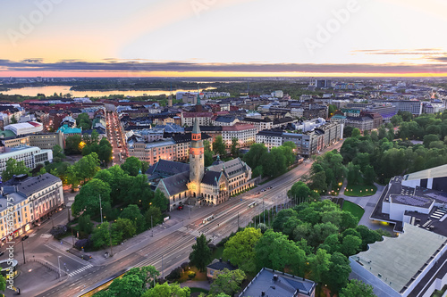 Aerial view of The National Museum of Finland, Helsinki in summer night.