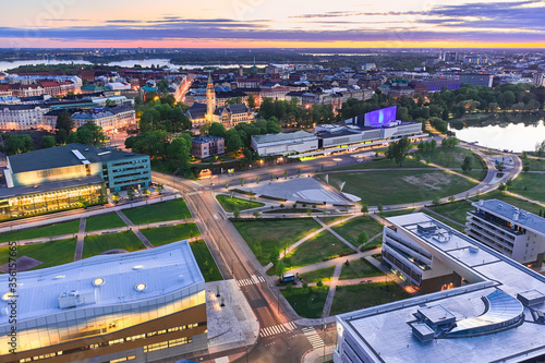 Aerial view of Park in central Helsinki, Finland. In picture Töölölahden park, Finlandia Hall, library Oodi. Summer night in Helsinki. photo