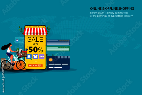 Concept of online and offline shopping, young woman riding a bicycle to pick up the goods at store that already ordered from phone's application and select option pick up at store in green background.