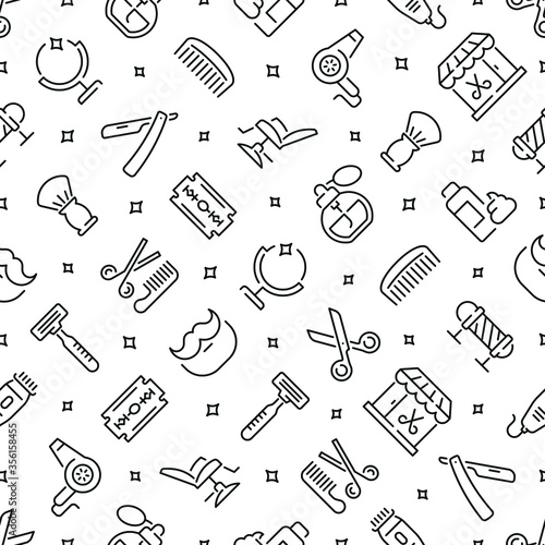 Seamless pattern with barbershop. Black and white thin line icons