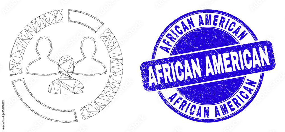 Web carcass social pie chart icon and African American seal stamp. Blue vector rounded distress seal stamp with African American message.