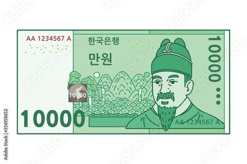 Korean banknote 10000 won. The letters written on the banknote mean 'Bank of Korea' and '10,000 won'.