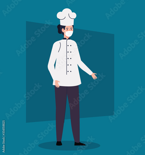 chef female using face mask during covid 19 vector illustration design