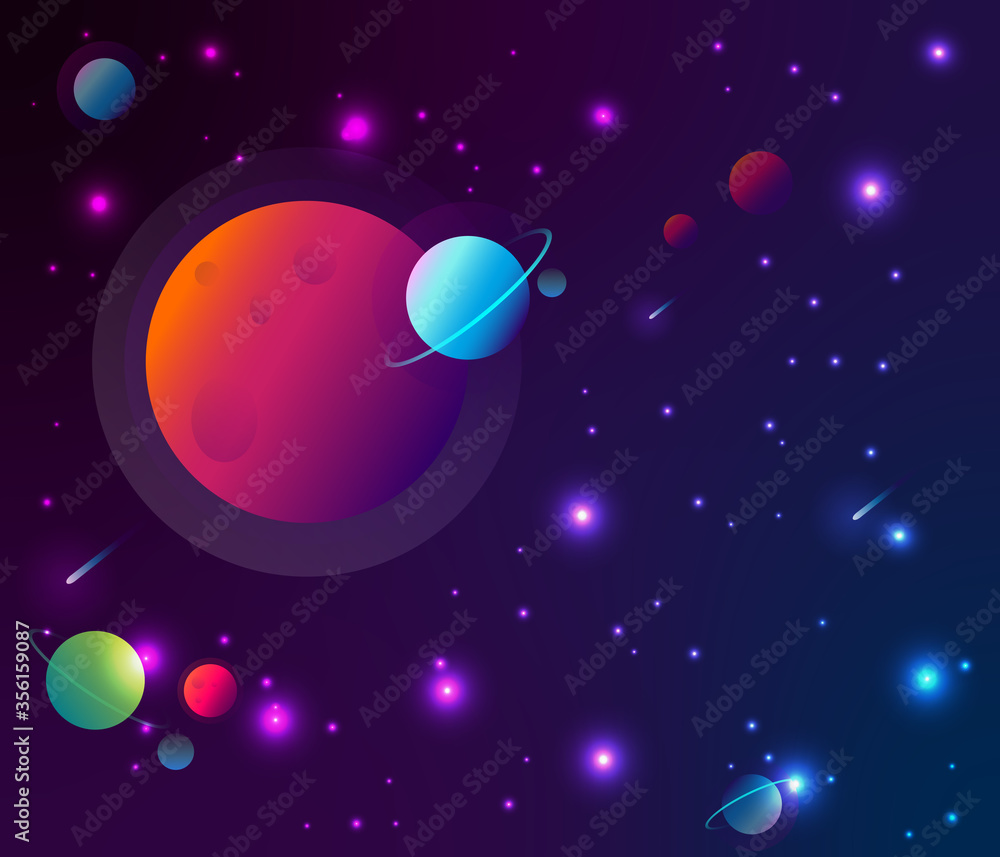 Fototapeta premium Space futuristic colorful illustration with planets and stars.