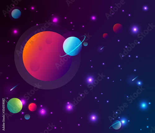 Space futuristic colorful illustration with planets and stars.