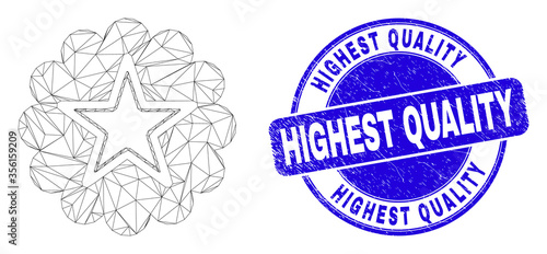 Web mesh star rosette icon and Highest Quality seal stamp. Blue vector rounded distress watermark with Highest Quality message. Abstract carcass mesh polygonal model created from star rosette icon.