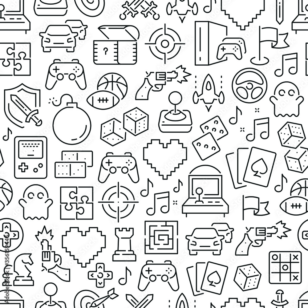 Seamless pattern with video games. Black and white thin line icons Seamless pattern with video games. Black and white thin line icons