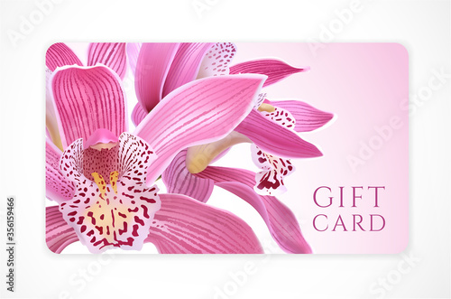 Gift card with beautiful realistic orchid pink flower isolated on clean background. Template useful for  wedding design, women shopping card, 8 march invite