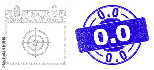 Web mesh target calendar page icon and 0.0 seal stamp. Blue vector round distress seal stamp with 0.0 phrase. Abstract carcass mesh polygonal model created from target calendar page icon.