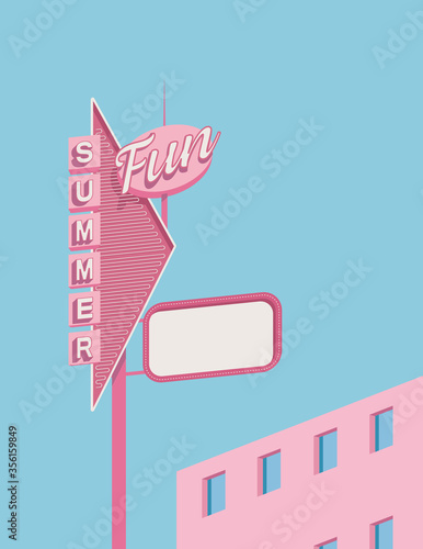 Summer party or festival vector poster template with retro vintage pink hotel. Leaflet or flyer template with copy space