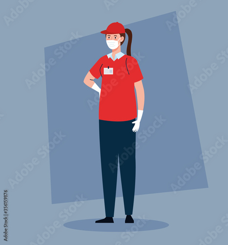 delivery worker female wearing medical mask against coronavirus covid 19 vector illustration design