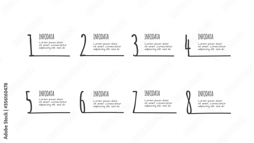 Doodle infographic with 8 options. Hand drawn icons. Thin line illustration