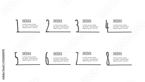Doodle infographic with 8 options. Hand drawn icons. Thin line illustration