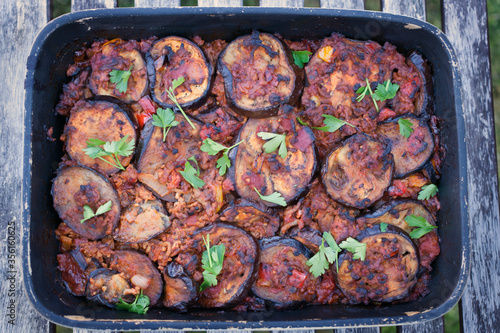 A traditional Moussaka from Egypt with Aubergines and minced beef