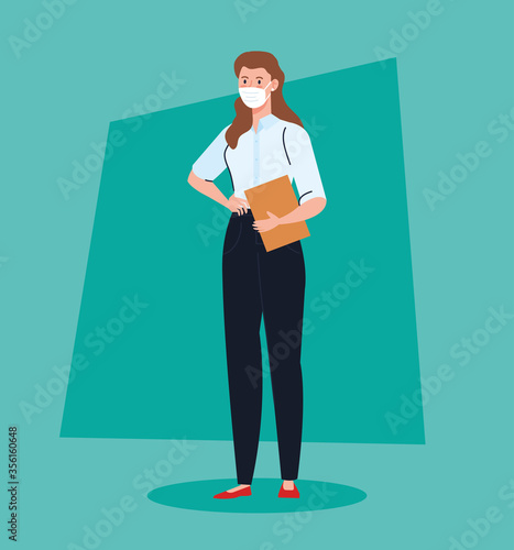 secretary worker using face mask during covid 19 vector illustration design