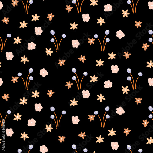 Vector seamless vintage floral pattern. Blue flowers and berries white background.