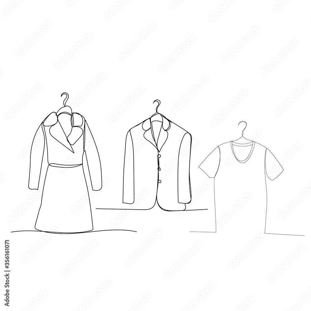 vector, on a white background, a continuous line drawing of clothes on a hanger vector, on a white background, a continuous line drawing of clothes on a hanger