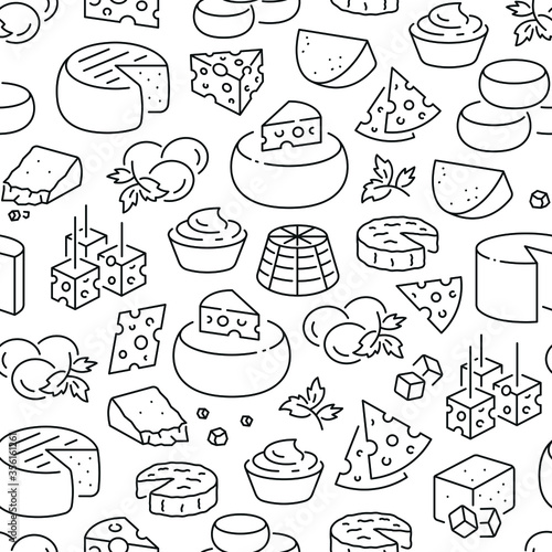 Seamless pattern with cheese. Black and white thin line icons
