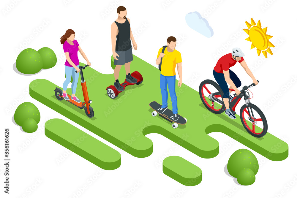 Isometric Ecological personal transport concept. Electric Scooter on the road. Electric scooter transportation you can rent for a quick ride. Eco city transport. Isometric Ecological personal transport concept. Electric Scooter on the road. Electric scooter transportation you can rent for a quick ride. Eco city transport.