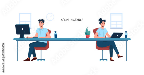 Social distance in the office. New safe work standards in enterprises. Man and woman workers, sitting and working at a distance from each other. Vector illustration, new business requirements, flat
