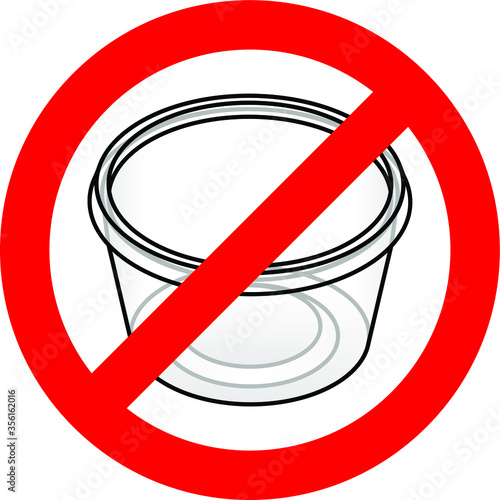 Single-use plastic ban - a red slashed circle over a clear styrene/polypropylene takeaway food container.
