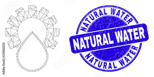 Web carcass water service icon and Natural Water seal stamp. Blue vector round distress seal stamp with Natural Water message. Abstract frame mesh polygonal model created from water service icon.