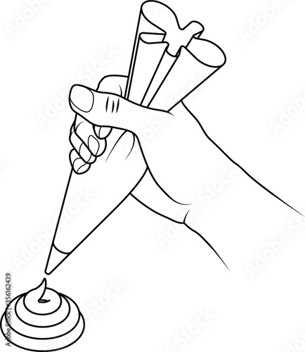 A hand holding a piping bag with a swirl of shaped icing mixture.